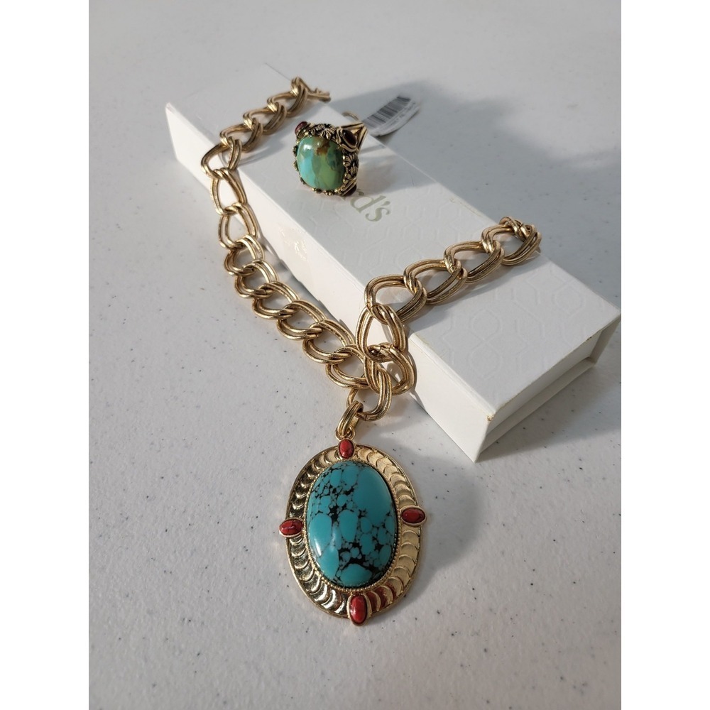 Dillards Gold Tone Faux Turquoise Red Cabochon Necklace and Statement Ring Set